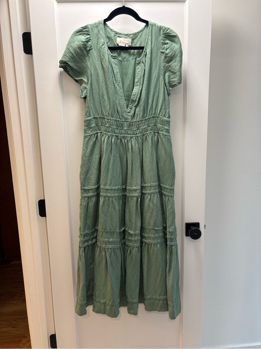 Anthropologie Light Sage Tiered V-Neck Maxi Dress
